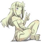  bare_arms bare_legs bare_shoulders barefoot blue_eyes blush closed_mouth collarbone dress elf full_body green hand_up highres long_hair looking_at_viewer monochrome original pointy_ears short_dress sidelocks sitting sleeveless sleeveless_dress smile soles solo strap_slip u-non_(annon'an) v very_long_hair white_background 