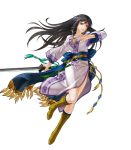  bangs belt black_hair boots breasts brown_footwear closed_mouth expressionless fire_emblem fire_emblem:_rekka_no_ken fire_emblem_heroes full_body grey_eyes highres holding holding_sword holding_weapon karla katana kita_senri knee_boots large_breasts leg_up lips long_hair long_sleeves looking_away non-web_source official_art sash shiny shiny_hair side_slit solo sword transparent_background weapon 