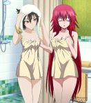  2girls bathroom black_hair blush bracelet breasts brown_eyes eyes_closed high_school_dxd indoors large_breasts long_hair medium_breasts multiple_girls rebecca_reed red_hair rias_gremory shakugan_no_shana short_hair shower spiky_hair towel_on_head white_towel yellow_towel 