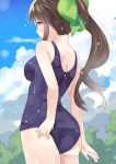 adjusting_clothes adjusting_swimsuit back blue_sky bow breasts brown_eyes brown_hair cloud cloudy_sky day forest green_bow hair_bow jintsuu_(kantai_collection) kantai_collection long_hair medium_breasts nature one-piece_swimsuit ponytail school_swimsuit sky solo swimsuit tonari_no_kai_keruberosu tree 