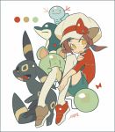  :d alternate_color auko border bow brown_hair cabbie_hat cyndaquil full_body gen_2_pokemon hand_on_own_arm hat hat_bow kotone_(pokemon) long_hair marill no_pupils open_mouth orange_eyes over-kneehighs pokemon pokemon_(creature) pokemon_(game) pokemon_hgss red_bow red_footwear red_shirt shiny_pokemon shirt shoes signature simple_background smile thighhighs twintails umbreon white_background white_hat white_legwear wooper 