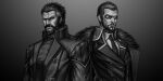  2boys absurdres adam_jensen beard berezovich_kryuger_(girls&#039;_frontline) coat coat_on_shoulders commentary_request cosplay costume_switch crossover deus_ex deus_ex:_human_revolution facial_hair fur-trimmed_coat fur_trim girls&#039;_frontline goatee gradient gradient_background greyscale highres jacket jing_meng_li looking_at_viewer male_focus military military_uniform monochrome multiple_boys necktie scar scar_on_face short_hair sunglasses uniform upper_body 
