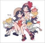  alternate_color auko bare_arms bare_shoulders beanie between_legs black_hair blue_eyes braid brown_hat closed_mouth collarbone dual_persona floral_print flying_sweatdrops gen_7_pokemon green_shorts hair_flaps hand_between_legs hat heart jangmo-o long_hair mizuki_(pokemon) multiple_girls no_pupils open_mouth orange_shirt pokemon pokemon_(creature) pokemon_(game) pokemon_number pokemon_sm pokemon_usum red_hat shiny_pokemon shirt shoes short_hair shorts signature simple_background smile tank_top tied_shirt twin_braids white_background white_shirt 