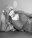  1girl arm_support blush bouncing_breasts breasts bursting_breasts cleavage collarbone covered_nipples cushion eyelashes greyscale hair_between_eyes highres hiki_togu hood hood_down hoodie huge_breasts long_hair looking_to_the_side lying monochrome no_bra on_side original partially_unzipped ponytail puffy_nipples shadow sleeves_past_wrists solo spoken_ellipsis translation_request zipper zipper_pull_tab 