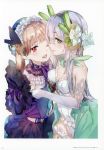  2girls absurdres atelier_(series) atelier_lydie_&amp;_suelle bare_shoulders cheek-to-cheek green_eyes hair_ornament hairband highres huge_filesize long_hair looking_at_viewer lydie_marlen multiple_girls official_art one_eye_closed open_mouth pink_eyes pink_hair plachta scan silver_hair smile thighhighs twintails yuugen 