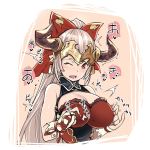  aliza_(granblue_fantasy) bow breasts cleavage cleavage_cutout commentary_request covered_nipples draph granblue_fantasy hair_bow horns large_breasts long_hair nipple_tweak open_mouth pointy_ears ponytail rakujin red_bow red_eyes silver_hair solo translation_request upper_body very_long_hair wavy_mouth wince wrist_cuffs 