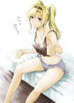  breasts cleavage coffee_mug commentary_request cup granblue_fantasy holding holding_cup kz_nagomiya light_blush light_smile long_hair looking_at_viewer medium_breasts midriff mug navel on_bed purple_eyes short_shorts shorts sitting sitting_on_bed solo translated twintails zeta_(granblue_fantasy) 
