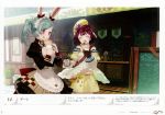  absurdres animal_ears apron atelier_(series) atelier_sophie bare_shoulders blue_hair blush bow breasts brown_eyes brown_hair bunny_ears crepe eating food game_cg highres huge_filesize jewelry long_hair maid_apron multiple_girls navel necklace noco_(adamas) official_art short_hair skirt smile sophie_neuenmuller tess_heitzmann tongue tongue_out 