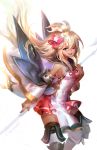  :d ahoge alternate_costume breasts commentary_request dansearl dark_skin detached_sleeves granblue_fantasy hair_ribbon long_hair looking_at_viewer one_eye_closed open_mouth pleated_skirt red_eyes ribbon silver_hair skirt small_breasts smile solo zooey_(granblue_fantasy) 