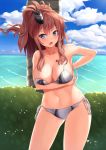  arm_under_breasts bikini blue_eyes blue_sky blush breast_hold breasts brown_hair cleavage cloud cloudy_sky collarbone day grey_bikini highres kantai_collection large_breasts long_hair multicolored multicolored_bikini multicolored_clothes navel ocean open_mouth ryouya saratoga_(kantai_collection) side_ponytail sky solo swimsuit untied untied_bikini 