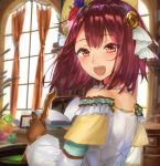  :d atelier_(series) atelier_sophie bare_shoulders book brown_gloves cauldron curtains desk flower glint gloves hair_flower hair_ornament indoors jewelry looking_at_viewer medium_hair necklace open_mouth pearl_necklace red_eyes rinsenjakusou sketch smile solo sophie_neuenmuller stirring_rod upper_body window 