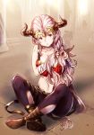  1girl aliza_(granblue_fantasy) bandaged_hand bandages braiding_hair breasts commentary_request draph granblue_fantasy hairdressing headpiece horns large_breasts long_hair midriff pointy_ears red_eyes sitting solo white_hair yasai_no_ou-sama_lettuce 