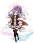  absurdres alternate_costume blush blush_stickers cape commentary_request granblue_fantasy hair_ornament hair_over_one_eye harvin highres jacket nio_(granblue_fantasy) ponytail purple_eyes purple_hair school_uniform skirt smile sorano_(12gou) thighhighs white_background 