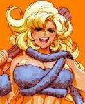  ayla_(chrono_trigger) blonde_hair blue_eyes breasts chrono_trigger cleavage club curly_hair fang fur_bikini highres large_breasts long_hair open_mouth orange_background robert_porter solo strapless tail tribal tubetop upper_body weapon 
