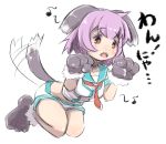  1girl afterimage animal_ears blue_sailor_collar blush breasts collarbone commentary_request dog_ears dog_girl dog_tail eighth_note full_body gloves hands_up kantai_collection kemonomimi_mode looking_away medium_breasts musical_note necktie open_mouth paw_gloves paw_shoes paws purple_hair red_eyes red_neckwear sailor_collar school_uniform serafuku sharp_teeth shirt shoes short_shorts short_sleeves shorts simple_background solo tail tail_wagging tama_(kantai_collection) teeth translated u-non_(annon'an) white_background white_shirt white_shorts 