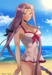  bangs bare_shoulders beach black_bow blue_sky blush bow braid breasts cleavage collarbone commentary_request cosplay covered_navel day dress_swimsuit facial_mark fate/grand_order fate/stay_night fate_(series) forehead_mark hair_bow hips large_breasts long_braid long_hair looking_at_viewer mash_kyrielight mash_kyrielight_(cosplay) meiji_ken ocean parted_bangs purple_eyes purple_hair rider sky solo sunlight swimsuit swimsuit_of_perpetual_summer thighs very_long_hair white_swimsuit 
