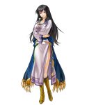  bangs belt black_hair boots breasts brown_footwear closed_mouth expressionless fire_emblem fire_emblem:_rekka_no_ken fire_emblem_heroes full_body grey_eyes highres karla kita_senri knee_boots large_breasts lips long_hair long_sleeves looking_at_viewer non-web_source official_art sash shiny shiny_hair side_slit solo standing transparent_background 