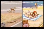  :d ahoge amazon_tree_boa_(kemono_friends) animal_ears barefoot beach beach_towel bikini black_mamba_(kemono_friends) braid brown_bikini brown_eyes brown_hair buck_teeth capybara capybara_(kemono_friends) capybara_ears check_commentary chin_rest commentary_request dated dingo_(kemono_friends) eye_contact fang grass hood inflatable_shark inflatable_toy kemono_friends light_brown_hair long_hair looking_at_another multiple_girls open_mouth orange_eyes photo-referenced photobomb ponytail red_bikini reference_photo reference_photo_inset roonhee sand shark short_hair signature smile snake swimsuit tail tanning towel waves what wolf 
