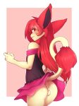  anthro anus backsack balls blush butt clothing cum cum_in_ass cum_inside cum_on_butt delcatty fur girly hair long_hair looking_at_viewer male nintendo pok&eacute;mon pok&eacute;mon_(species) purple_eyes red_hair simple_background skirt smile solo suelix tan_fur thick_thighs video_games winged_leafeon 