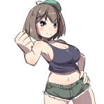  bangs bare_arms bare_shoulders beret black_tank_top blue_eyes blush breasts brown_hair cleavage clenched_hand closed_mouth dutch_angle eyebrows_visible_through_hair green_hat green_shorts hair_ornament hand_on_hip hand_up hat highres kantai_collection large_breasts maya_(kantai_collection) midriff navel short_hair short_shorts shorts simple_background solo tank_top u-non_(annon'an) v-shaped_eyebrows white_background x_hair_ornament 