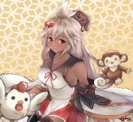  animal bird blush breasts chicken collarbone commentary_request dark_skin detached_sleeves dog granblue_fantasy grey_hair hair_ribbon large_breasts long_hair looking_at_viewer monkey nontraditional_miko pleated_skirt red_eyes rengkong ribbon signature skirt smile solo zooey_(granblue_fantasy) 