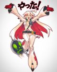  ^_^ ahoge ankh ball_and_chain_restraint bellbottoms belt blush_stickers bodysuit breasts closed_eyes commentary english_commentary full_body guilty_gear guilty_gear_xrd huge_ahoge jack-o'_valentine loose_belt marker_(medium) medium_breasts multicolored_hair outstretched_arms plunging_neckline red_hair robert_porter solo traditional_media translation_request two-tone_hair white_hair wide_hips 
