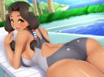  1girl artist_request ass back bare_shoulders barefoot blush breasts dark_skin from_behind green_hair hair_tubes large_breasts long_hair looking_at_viewer looking_back low_twintails lying matsuri_(senran_kagura) on_stomach one-piece_swimsuit open_mouth senran_kagura senran_kagura_(series) shiny shiny_clothes shiny_hair shiny_skin sideboob smile solo swimsuit tsubuki_(ron-bb69) twintails yellow_eyes 