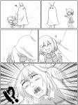  &lt;o&gt;_&lt;o&gt; 2girls ahoge animal_ears bed_sheet comic emphasis_lines fate/grand_order fate_(series) fujimaru_ritsuka_(female) greyscale grin highres jackal_ears medjed monochrome motion_lines multiple_girls nitocris_(fate/grand_order) nitocris_(swimsuit_assassin)_(fate) one_side_up open_mouth pleated_skirt raayu_(0u_rayu) skirt smile sparkle speed_lines 
