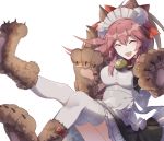  alternate_costume animal_ear_fluff animal_ears apron bell bell_collar bow breasts cat_hair_ornament cat_paws closed_eyes collar enmaided facing_viewer fangs fate/grand_order fate_(series) fox_ears fox_tail frills gloves hair_ornament hairband highres idass jingle_bell large_breasts long_hair maid maid_apron maid_headdress open_mouth paw_gloves paw_shoes paws pink_hair ponytail red_ribbon ribbon shoes simple_background solo tail tamamo_(fate)_(all) tamamo_cat_(fate) thighhighs uniform waist_apron white_background white_legwear 
