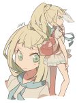  auko backpack bag bangs bare_arms blonde_hair braid closed_mouth eyelashes feet_out_of_frame french_braid frown green_eyes hand_on_own_leg hand_up high_ponytail lillie_(pokemon) miniskirt pleated_skirt pokemon pokemon_(game) pokemon_sm puffy_short_sleeves puffy_sleeves shirt short_sleeves signature simple_background skirt solo standing upper_body white_background white_shirt white_skirt 