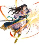  bangs belt black_hair boots breasts brown_footwear fire_emblem fire_emblem:_rekka_no_ken fire_emblem_heroes full_body grey_eyes highres holding holding_sword holding_weapon karla katana kita_senri knee_boots large_breasts leg_up long_hair long_sleeves looking_away non-web_source official_art open_mouth sash shiny shiny_hair side_slit solo sword transparent_background weapon 