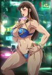  bare_shoulders bikini blue_bikini blush bracelet braid breasts brown_eyes brown_hair chun-li cleavage collarbone fernando_sano halterneck hand_on_own_chest jewelry large_breasts long_hair muscle muscular_female nail_polish navel necklace one_eye_closed open_mouth side-tie_bikini spiked_bracelet spikes stomach street_fighter swimsuit thick_thighs thighs toned tongue tongue_out 