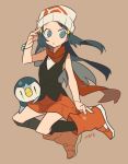  :o auko bare_arms black_legwear black_skirt blue_eyes blue_hair boots bracelet brown_background dark_blue_hair eyebrows_visible_through_hair fingernails full_body gen_4_pokemon hair_ornament hand_on_own_head hat highres hikari_(pokemon) jewelry kneehighs long_hair miniskirt open_mouth piplup pokemon pokemon_(creature) pokemon_(game) pokemon_dppt red_footwear red_scarf red_skirt scarf signature skirt solo straight_hair tank_top white_hat 