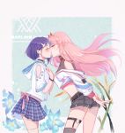  absurdres arms_behind_back black_hair black_shorts blue_flower closed_eyes copyright_name crop_top darling_in_the_franxx denim denim_shorts earrings floating_hair flower from_side grey_legwear hair_ornament hairband hairclip highres ichigo_(darling_in_the_franxx) jewelry long_hair midriff miniskirt multiple_girls pink_hair pleated_skirt short_hair short_shorts shorts skirt standing striped striped_skirt thigh_strap torn_clothes torn_shorts very_long_hair xilin yuri zero_two_(darling_in_the_franxx) 
