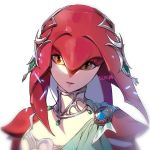  artist_name commentary_request fish_girl gem hair_ornament jewelry korean_commentary looking_at_viewer mipha monster_girl multicolored multicolored_skin necklace no_eyebrows pink_lips pointy_ears red_skin sash solo sukja the_legend_of_zelda the_legend_of_zelda:_breath_of_the_wild yellow_eyes zora 