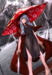  barefoot black_skirt blue_hair breasts cloak dutch_angle floral_print grey_background holding holding_sword holding_weapon long_hair looking_at_viewer outdoors puddle rain red_hood red_umbrella rinsenjakusou sheath skirt small_breasts standing sword touran-sai weapon yellow_eyes 