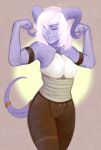  blizzard_entertainment blue_eyes breasts clothed clothing draenei eyelashes female flexing hair humanoid lips muscular muscular_female not_furry one_eye_closed pants pose shirt solo sootmeal video_games warcraft white_hair yrel 