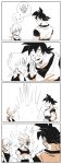  3boys 4koma ;d anger_vein annoyed aura back_turned black_eyes black_hair breasts bulma comic cowboy_shot crossed_arms dougi dragon_ball dragon_ball_z dress earrings eyebrows_visible_through_hair eyelashes frown gloves hand_up heart height_difference jewelry kerchief looking_at_another monochrome multiple_boys nervous nude one_eye_closed open_mouth panels pointy_ears profile rou_kaioushin short_hair silent_comic simple_background sleeveless sleeveless_dress smile son_gokuu speech_bubble spiked_hair spr super_saiyan surprised sweatdrop upper_body vegeta white_background wristband 
