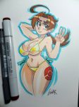  1girl bikini breasts brown_hair curvy gerph hanako_(pokemon) large_breasts long_hair looking_at_viewer milf photo pokemon pokemon_(anime) ponytail shiny shiny_hair shirt solo swimsuit thighs thong traditional_media 