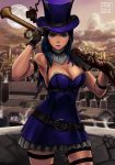  antique_firearm arm_strap belt black_gloves blue_eyes blue_hair blunderbuss breasts caitlyn_(league_of_legends) cityscape cleavage commentary detached_collar dress english_commentary firearm full_moon gloves gun hat highres league_of_legends long_hair looking_at_viewer loose_belt making_of medium_breasts mismatched_gloves moon over_shoulder purple_dress rifle ryu_shou short_dress signature solo steampunk strapless strapless_dress thigh_strap top_hat weapon weapon_over_shoulder 