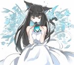  animal_ears bad_id bad_pixiv_id bangs bare_shoulders black_hair blue_flower blunt_bangs brown_eyes cat_ears cat_girl cat_tail covered_mouth dress flower hands_up heart highres holding long_hair looking_at_viewer mitu_yang original ribbon sleeveless sleeveless_dress solo straight_hair tail tail_raised very_long_hair white_background white_dress white_ribbon 