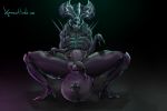  alien alien_(franchise) balls crouching flaccid humanoid lips not_furry penis precum simple_background solo spread_legs spreading wide_hips xenomorph ximema 