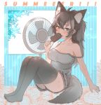  ahoge alternate_costume ancolatte_(onikuanco) animal_ears backlighting bare_arms bare_shoulders black_legwear blue_eyes blush breasts camisole casual cleavage collarbone commentary contemporary electric_fan extra_ears eyebrows_visible_through_hair fang floral_background food full_body grey_camisole grey_hair grey_shorts grey_wolf_(kemono_friends) hair_between_eyes hand_up heterochromia highres holding ice_cream kemono_friends knees_up lens_flare licking long_hair looking_at_viewer medium_breasts off_shoulder outstretched_arm plaid plaid_shorts ponytail red_eyes shorts sitting solo strap_slip summer sweat symbol_commentary tail thighhighs upshorts window wolf_ears wolf_tail 