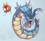  bubble commentary creature english_commentary etherealhaze evolution fangs fish gen_1_pokemon grey_background gyarados magikarp no_humans open_mouth pokemon pokemon_(creature) signature simple_background whiskers 