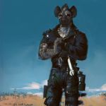  2018 anthro belt clothed clothing gun hyena leather mad_max male mammal mohawk outside post-apocalyptic ranged_weapon solo stigmata tools weapon wrench yellow_eyes 