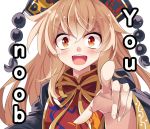  1girl :d bangs blonde_hair blush chinese_clothes commentary_request e.o. english eyebrows_visible_through_hair fingernails foreshortening hair_between_eyes headdress highres junko_(touhou) long_hair neck_ribbon open_mouth pointing pointing_at_viewer red_eyes ribbon simple_background smile solo tabard touhou upper_body v-shaped_eyebrows very_long_hair white_background wide-eyed wide_sleeves yellow_neckwear yellow_ribbon 