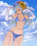  bikini cloud day detached_sleeves flower gloves hair_flower hair_ornament hat highres karuta_(karutazia) long_hair looking_away opera-tan opera_(web_browser) os-tan red_eyes silver_hair sky solo star sunflower swimsuit 