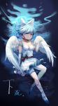  angel_wings bangs blue_hair bow breasts cleavage commentary dress elbow_gloves eyebrows_visible_through_hair gem gloves hair_bow highres mai_(touhou) medium_breasts pantyhose short_hair signature solo touhou touhou_(pc-98) underwater white_bow white_dress white_legwear wings yorktown_cv-5 