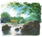  blue_sky cloud commentary_request day gazebo ground_vehicle highres light_rays motor_vehicle nature no_humans original outdoors river rock scenery sky smoke tree van 