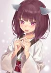  bangs blush brown_hair commentary_request doonatsu. eyebrows_visible_through_hair fingers_together headgear japanese_clothes kimono long_sleeves nose_blush obi open_mouth purple_eyes sash solo touhoku_kiritan voiceroid white_kimono wide_sleeves 